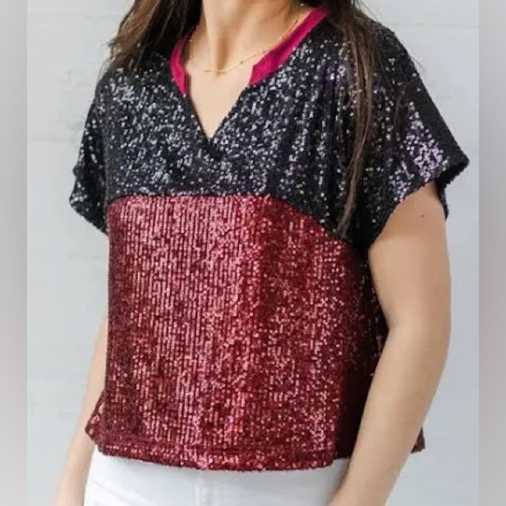 Mary Square Diane Sequin Garnet & Black Top